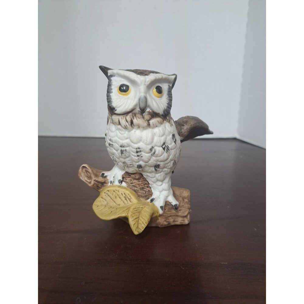 Owl With Spread Wings On Limb Porcelain Bisque Figurine